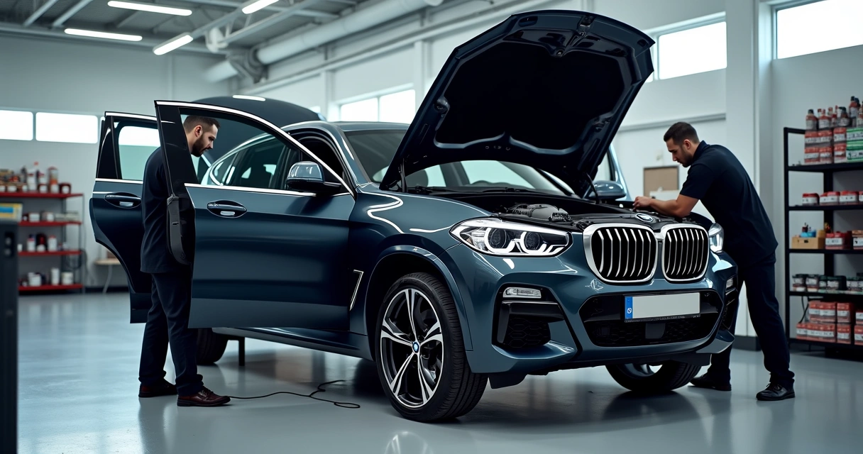 BMW X4 em manutenção em oficina automotiva de alto padrão