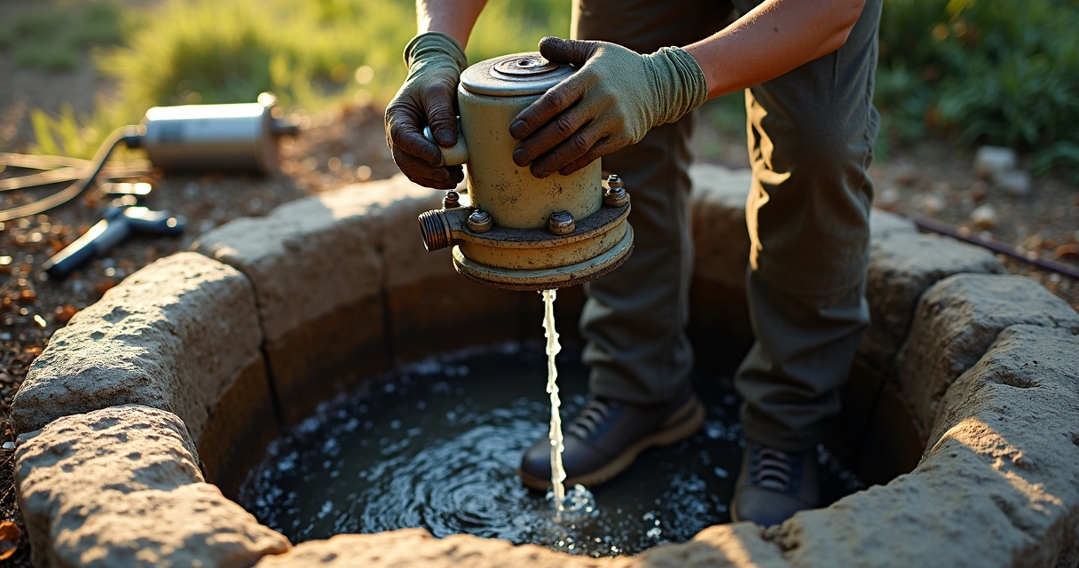 Técnico ajustando bomba submersa em poço caipira aberto 