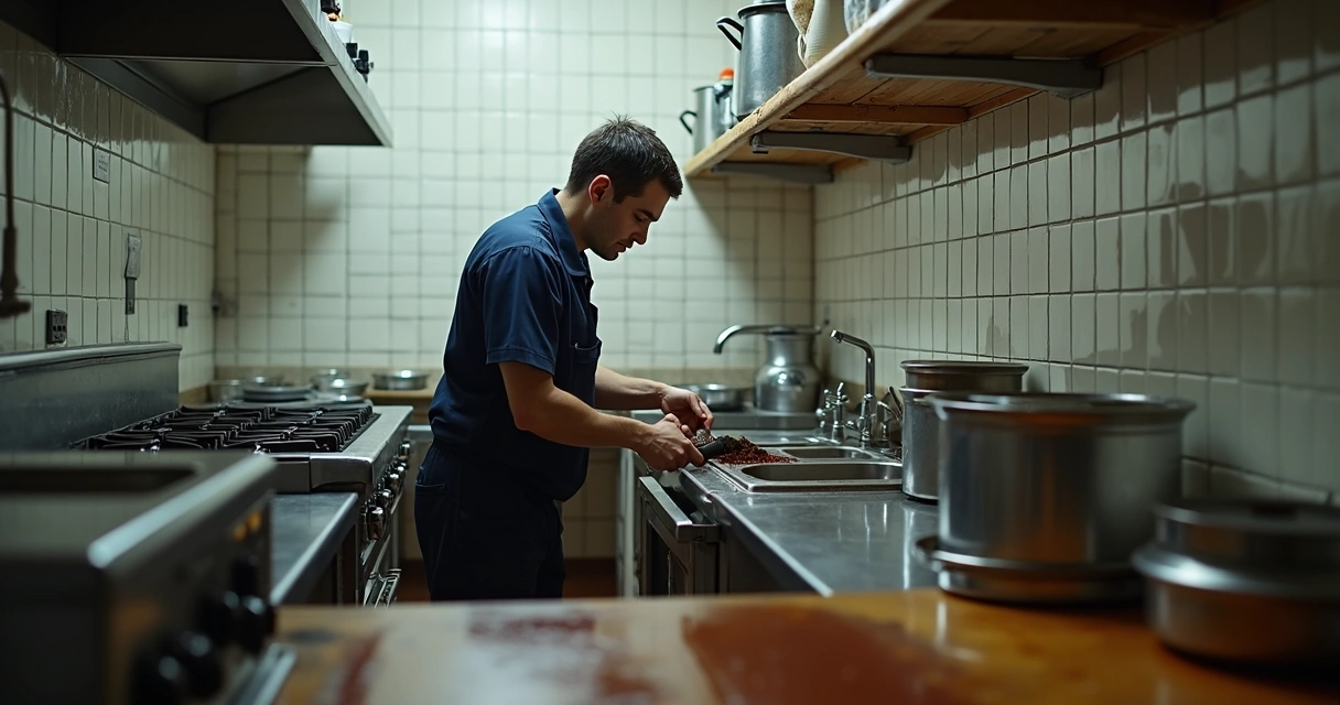 Homem a limpar caixa de gordura numa cozinha 