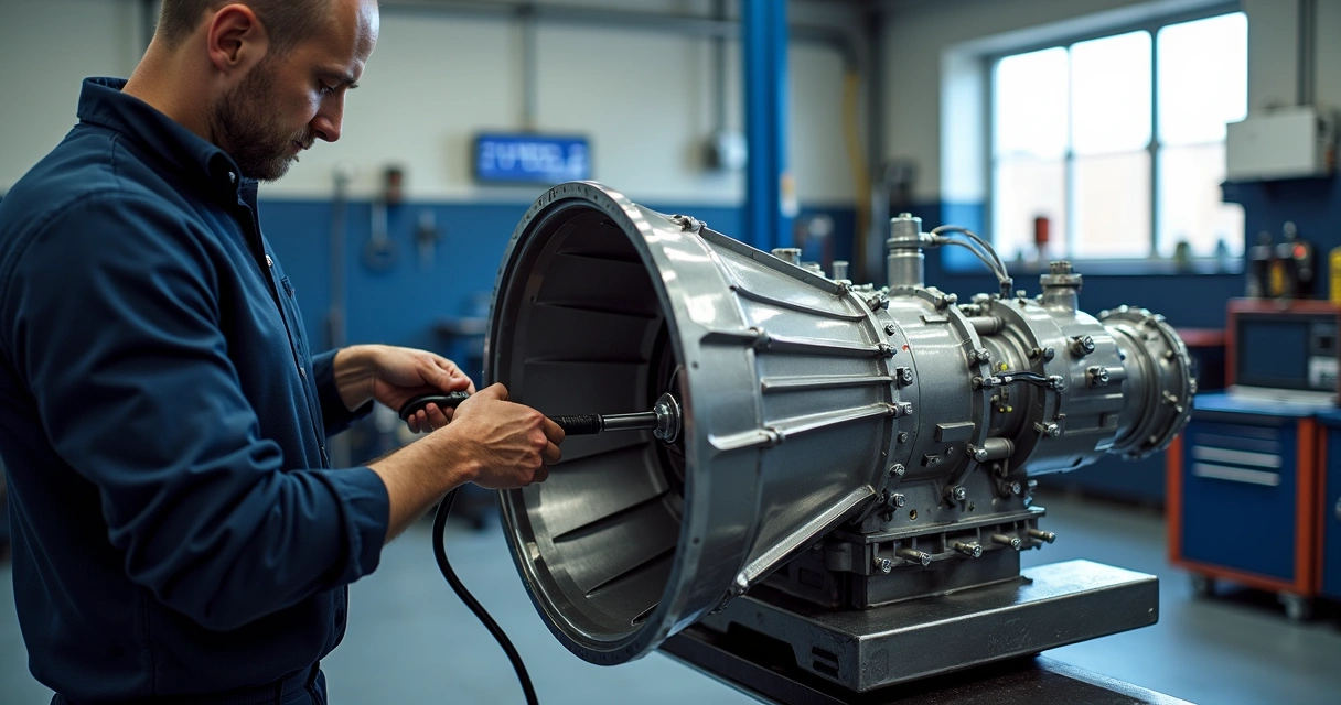 Técnico realizando manutenção em caixa de câmbio automático com ferramentas específicas e reservatório de óleo hidráulico ao lado 