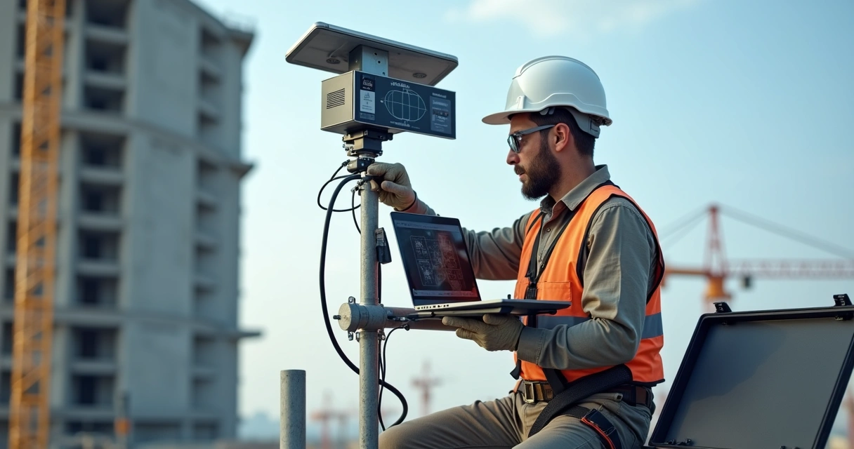 Técnico ajusta câmera time-lapse solar em estrutura de obra 