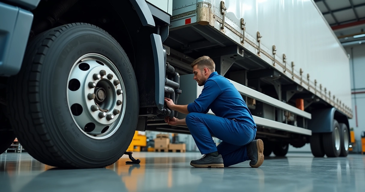 Mecânico inspecionando freios de caminhão em oficina 
