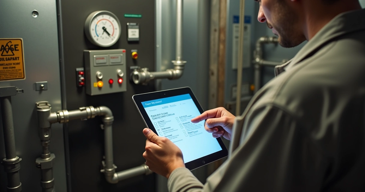 Técnico confere manutenção com tablet na casa de máquinas 