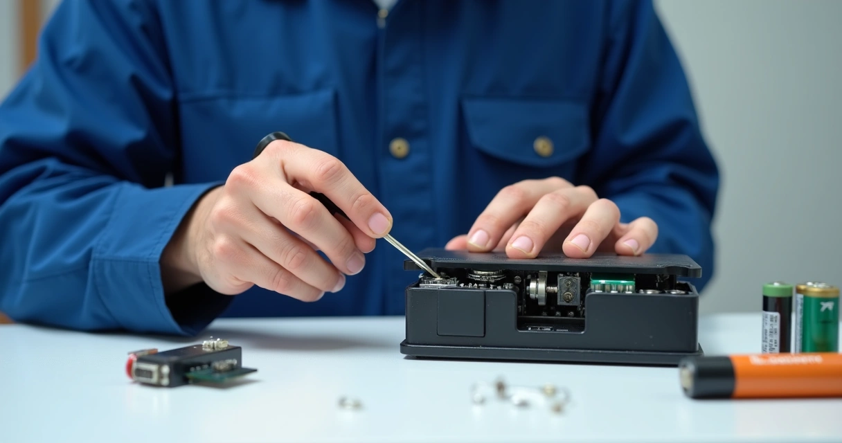 Técnico realizando manutenção em controle remoto de portão 