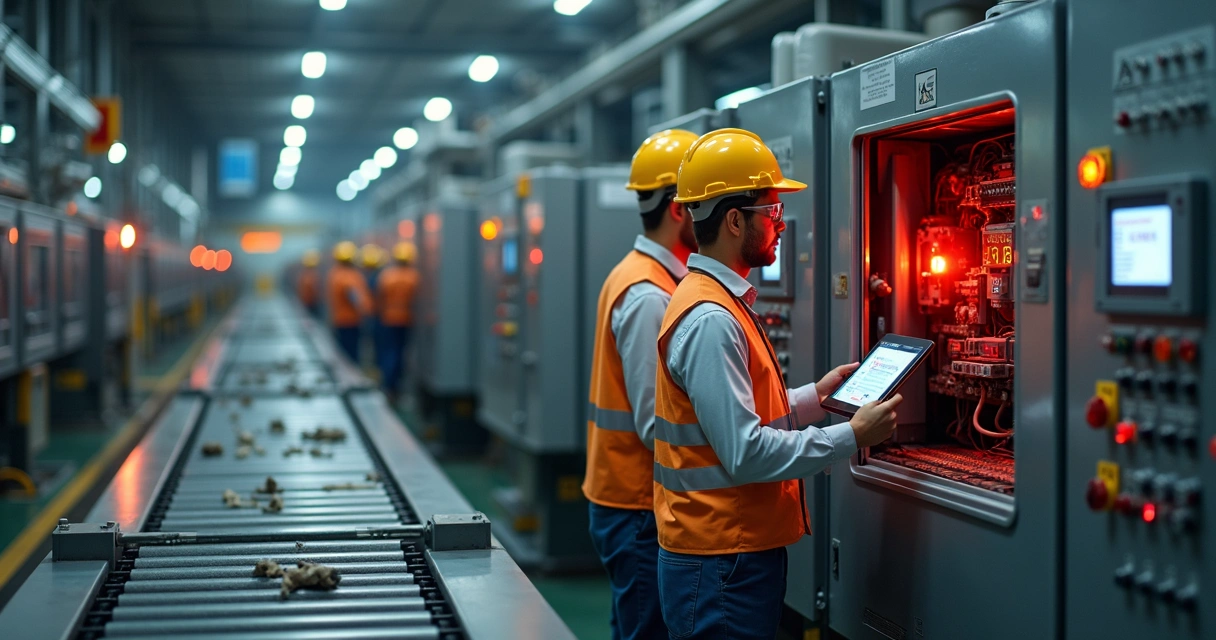 Técnicos em fábrica parados diante de máquina industrial quebrada com linha de produção parada 