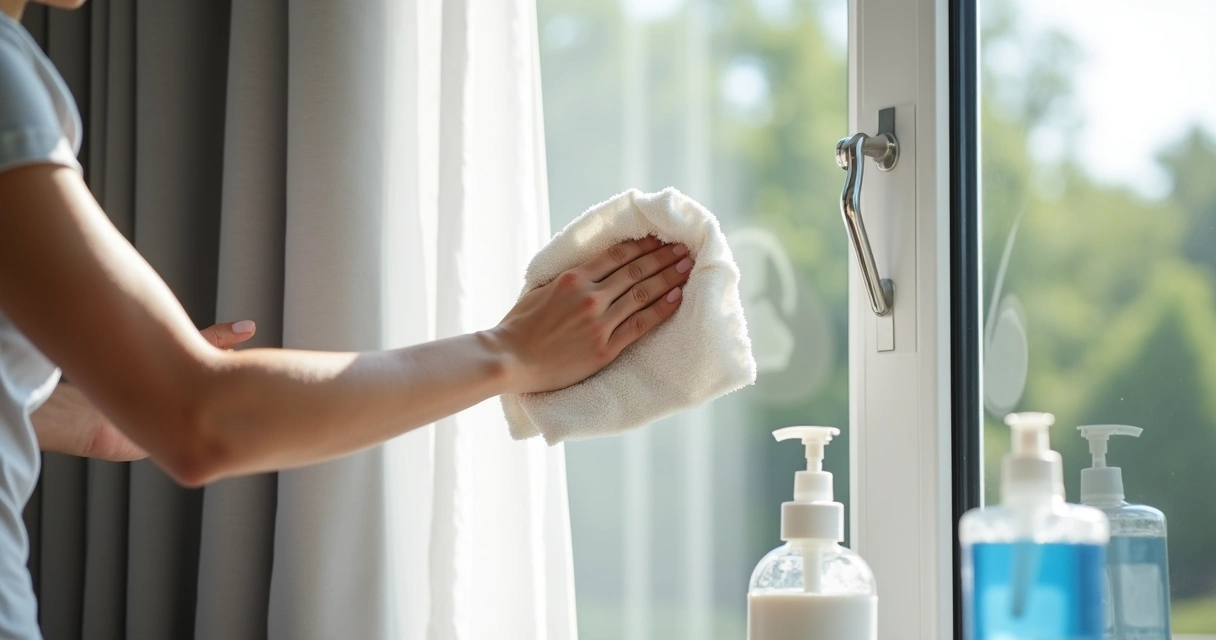 Pessoa limpando cortina blackout com pano úmido 