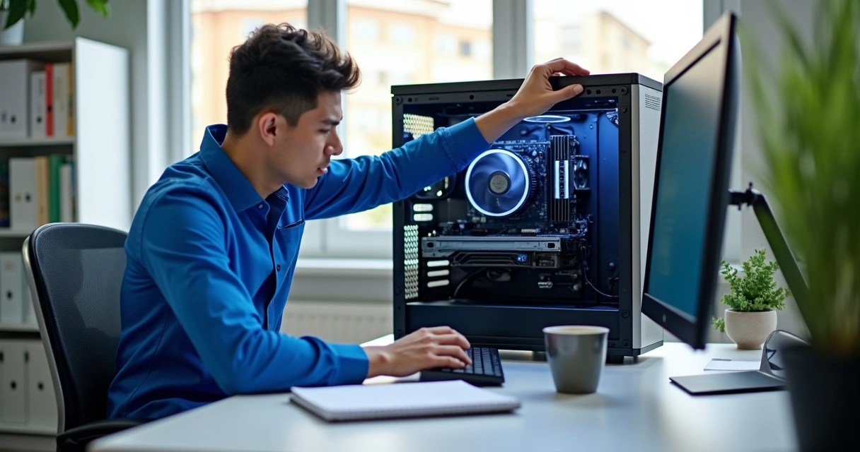 Técnico realizando manutenção em desktop empresarial em escritório moderno 