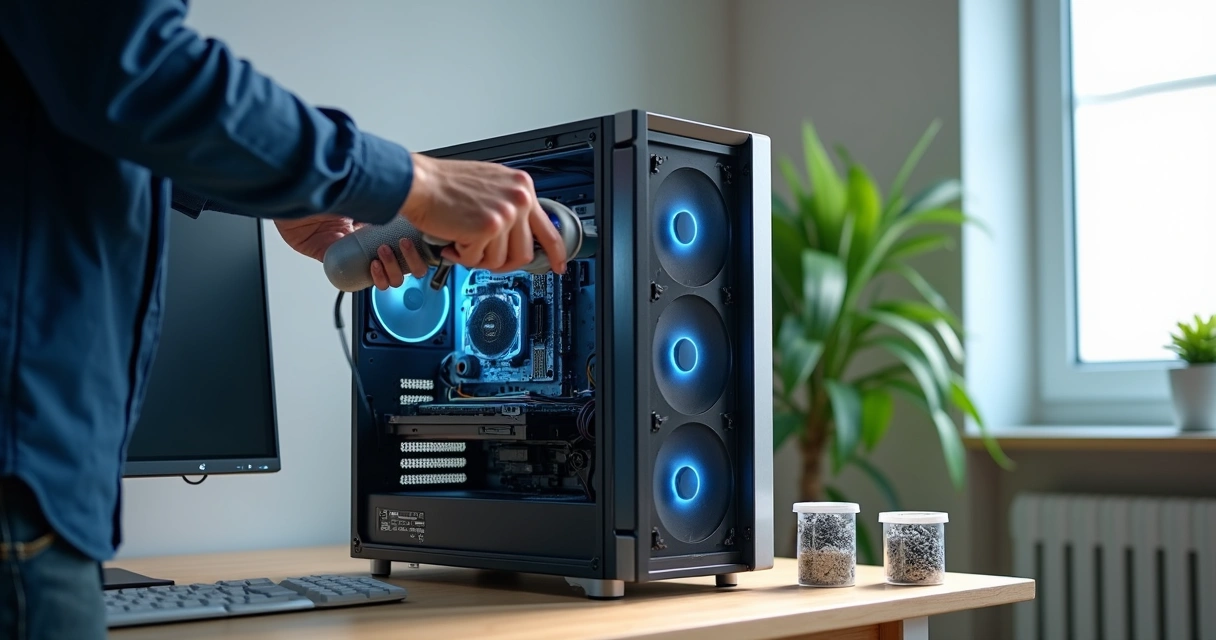 Técnico limpando interior de gabinete de computador desktop sobre mesa de madeira 