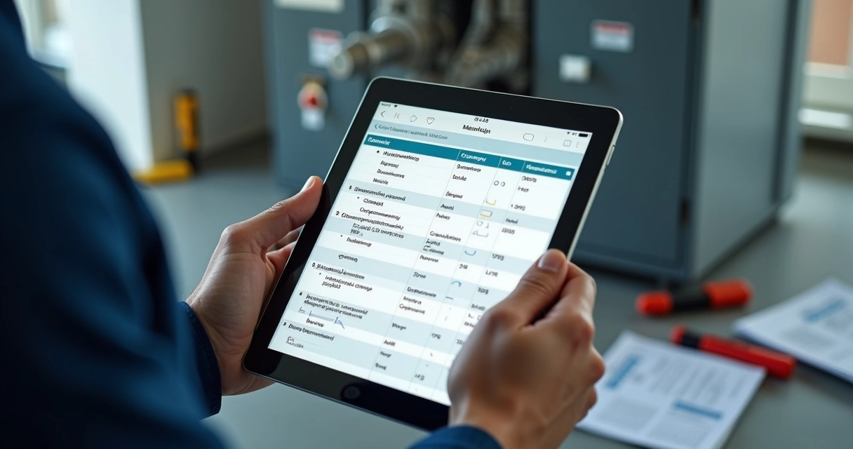 Registro digital de manutenção em obra, com tablet exibindo checklist e fotos 