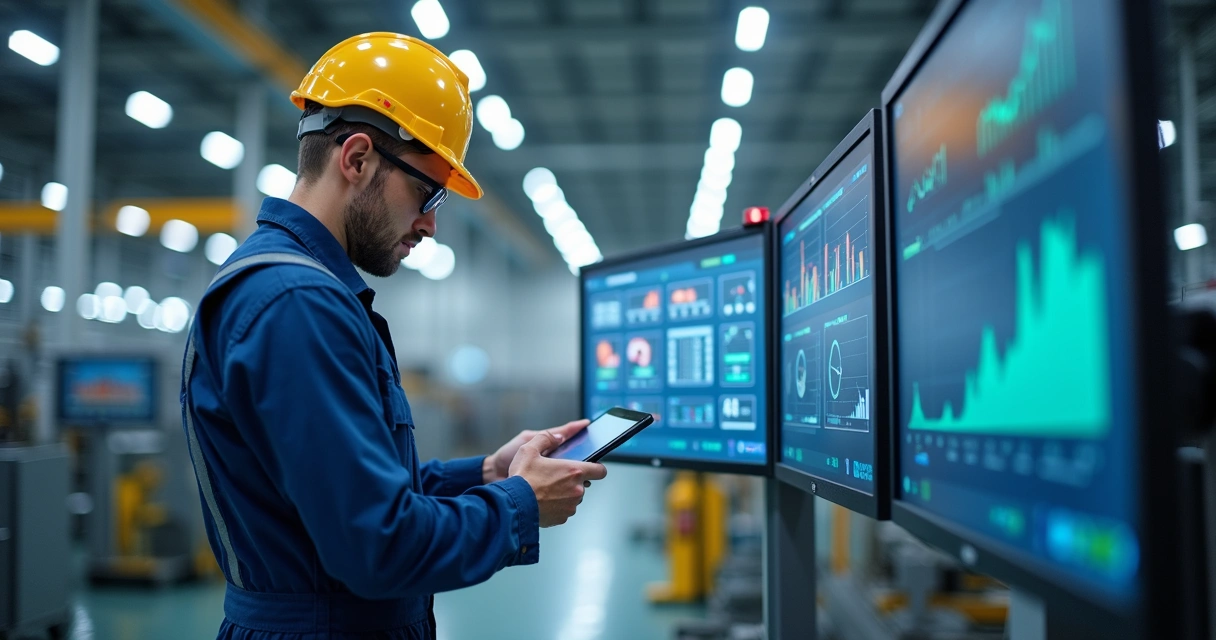 Técnico industrial usa tablet para manutenção digital 