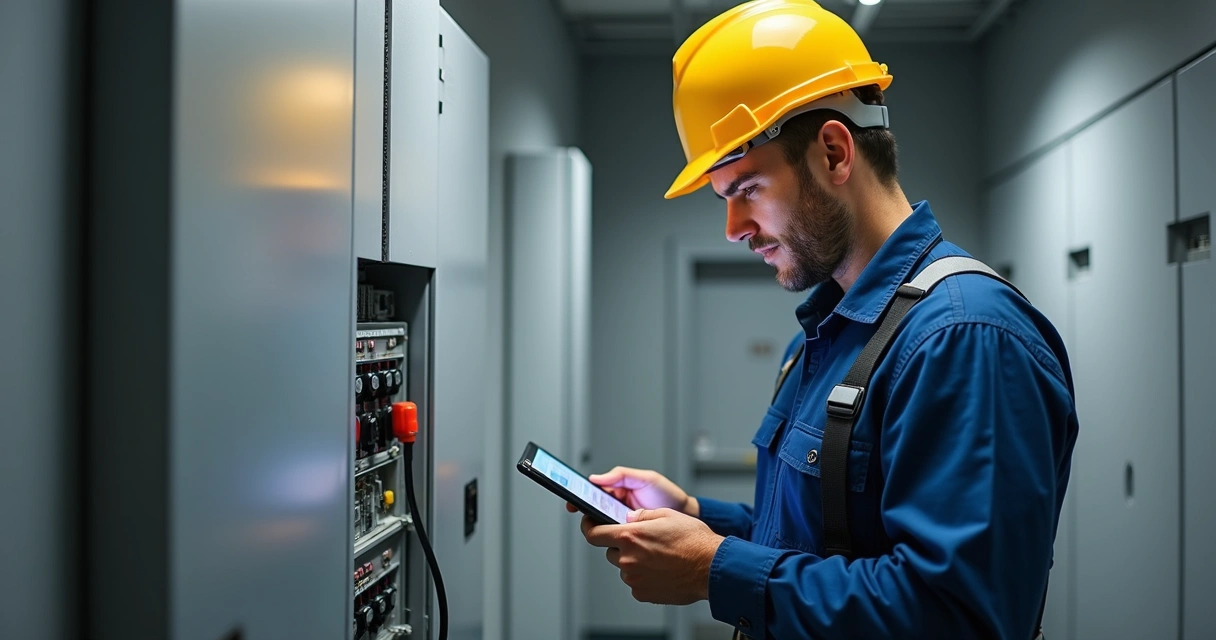 Técnico registrando manutenção em tablet próximo a painel elétrico moderno