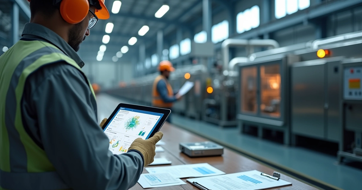 Técnico de manutenção usando tablet com dados digitais em fábrica industrial 