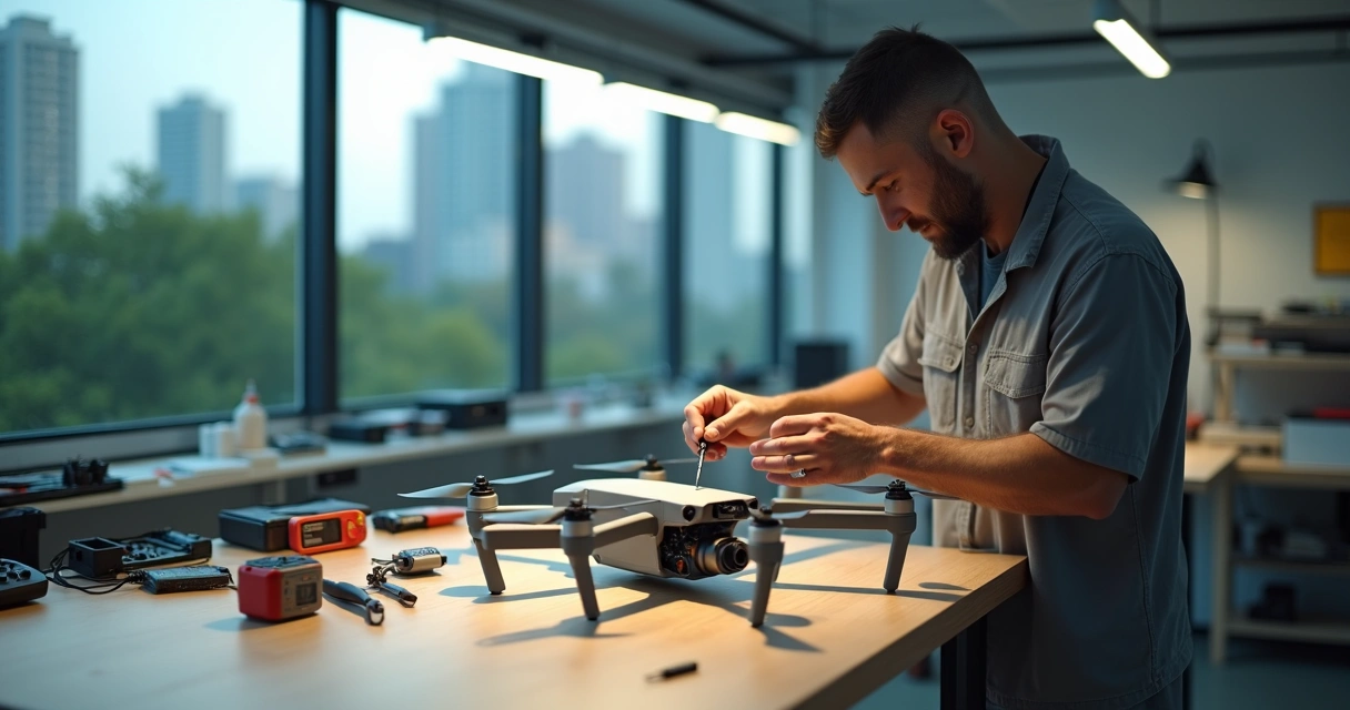 Técnico ajustando drone em bancada de oficina com Curitiba ao fundo 