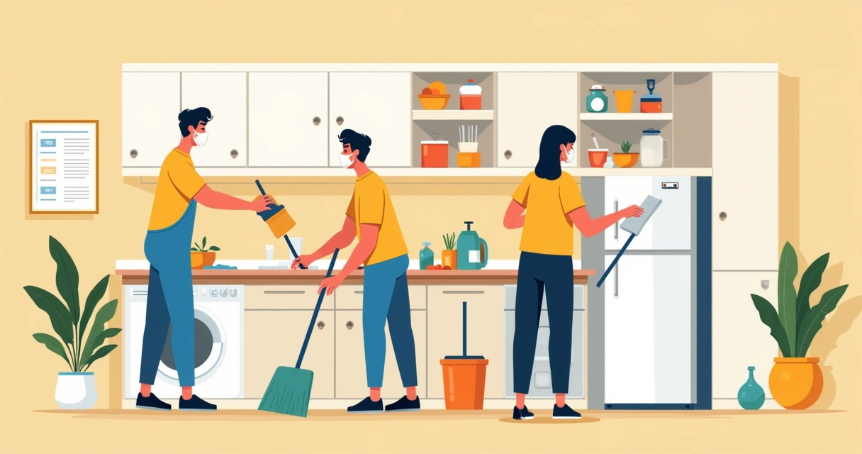 Homem e mulher realizando manutenção em eletrodomésticos em uma cozinha moderna e iluminada.