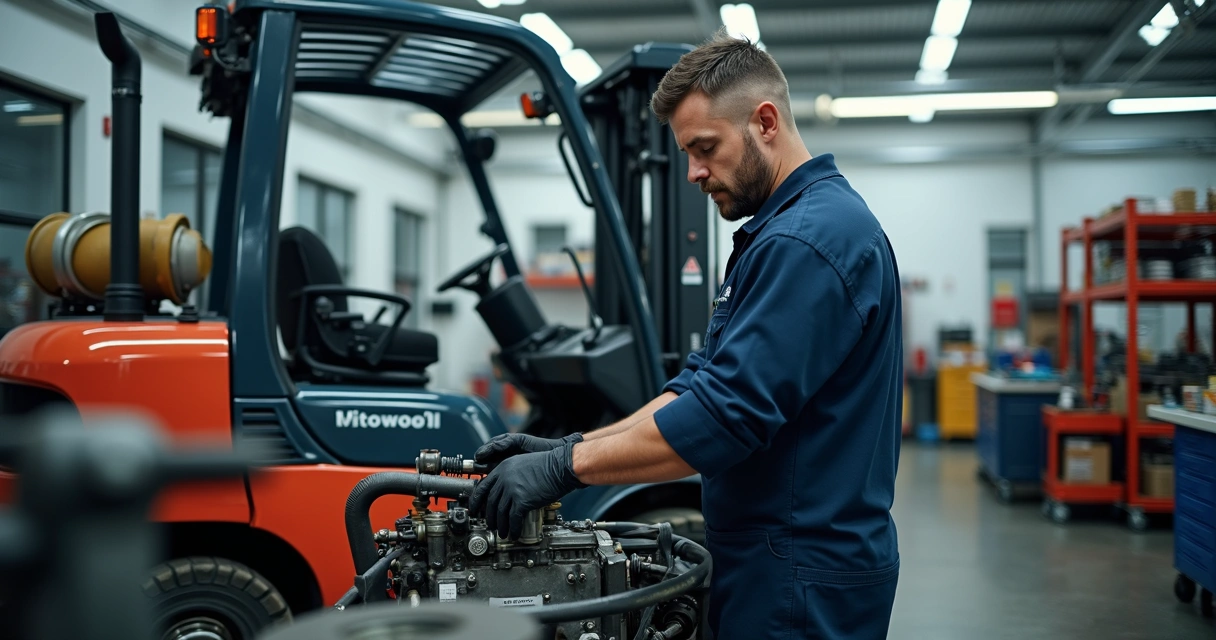Técnico realizando manutenção em empilhadeira