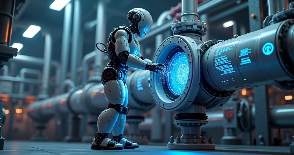 Robô faz manutenção em válvula de gás com sensores inteligentes, fundo industrial detalhado. 