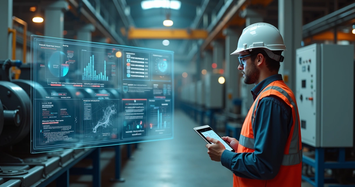 Engenheiro analisando painel digital com dados de falhas em equipamentos industriais 