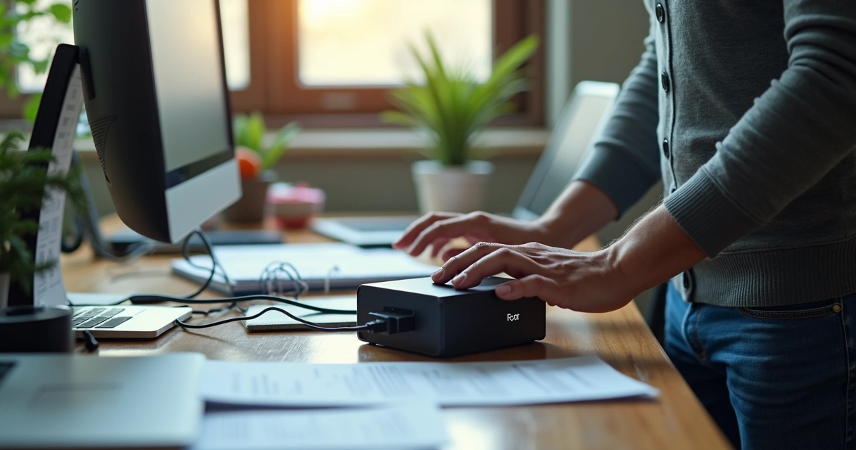 Pessoa de TI atualizando firewall em escritório contábil com computadores e papéis na mesa 