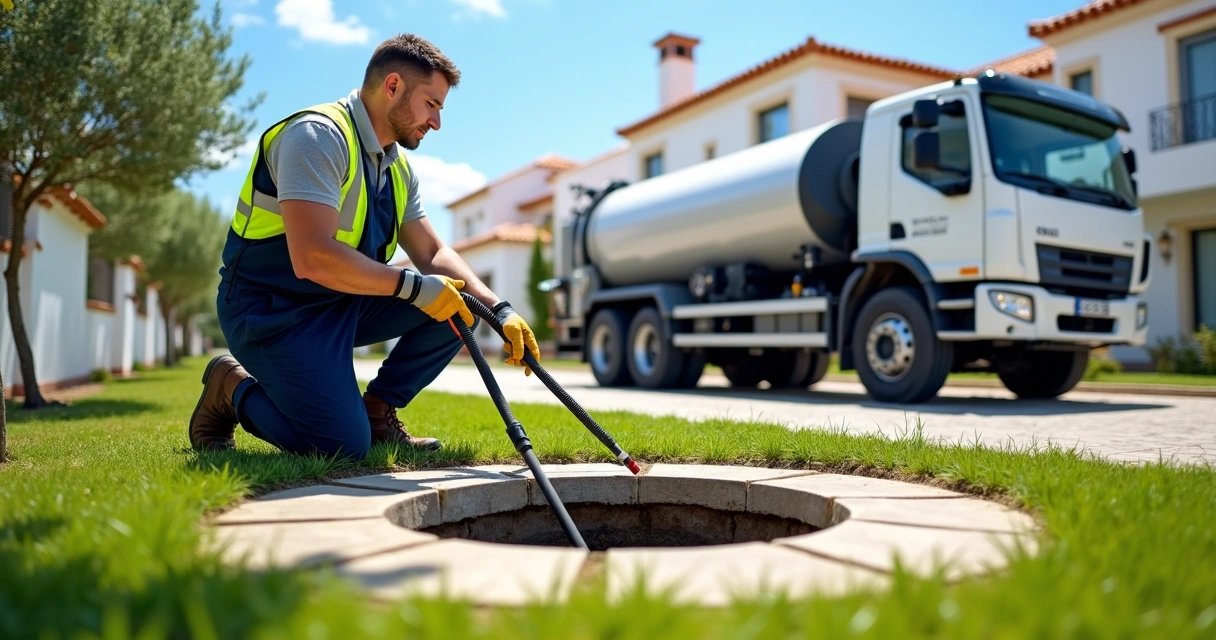 Técnico a inspecionar tampa de fossa séptica num jardim de moradia 