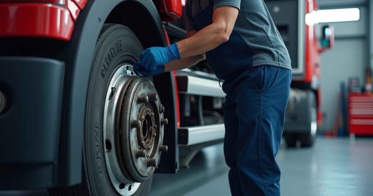 Técnico inspecionando freios de caminhão em oficina. 