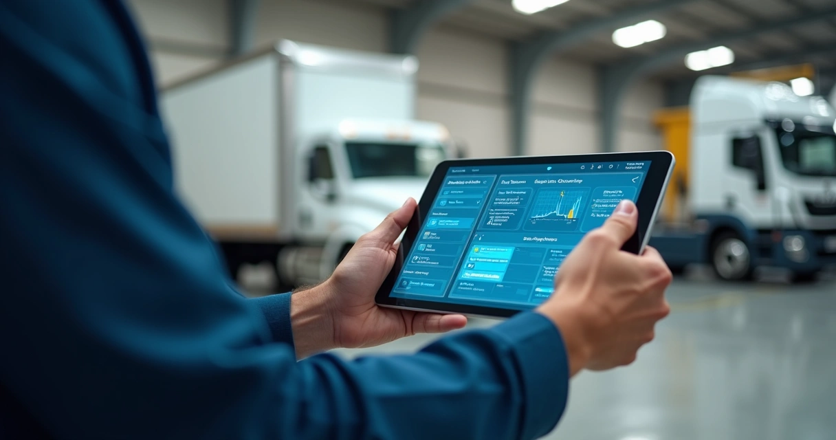 Técnico de frota consultando relatório em tablet ao lado de veículo 
