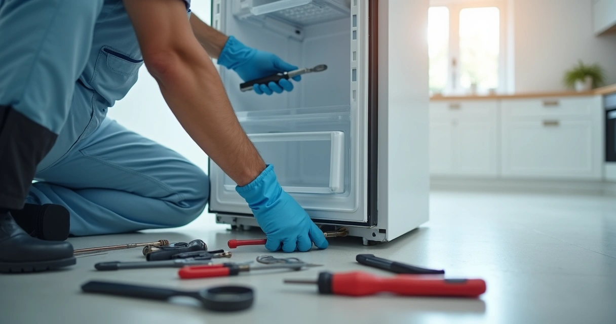 Técnico fazendo manutenção em geladeira com ferramentas 