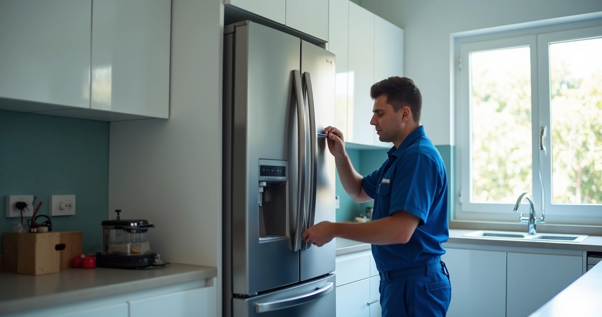 Técnico ajustando componentes de geladeira em ambiente residencial em Ipanema. 