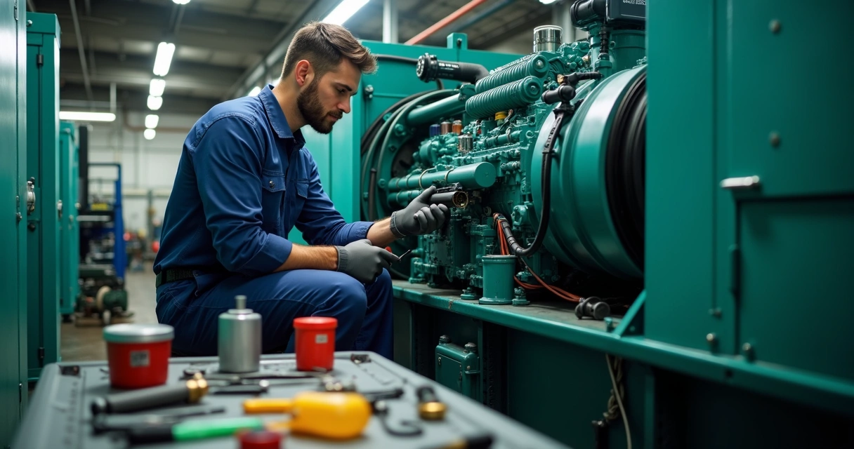 Técnico faz manutenção de gerador industrial desligado