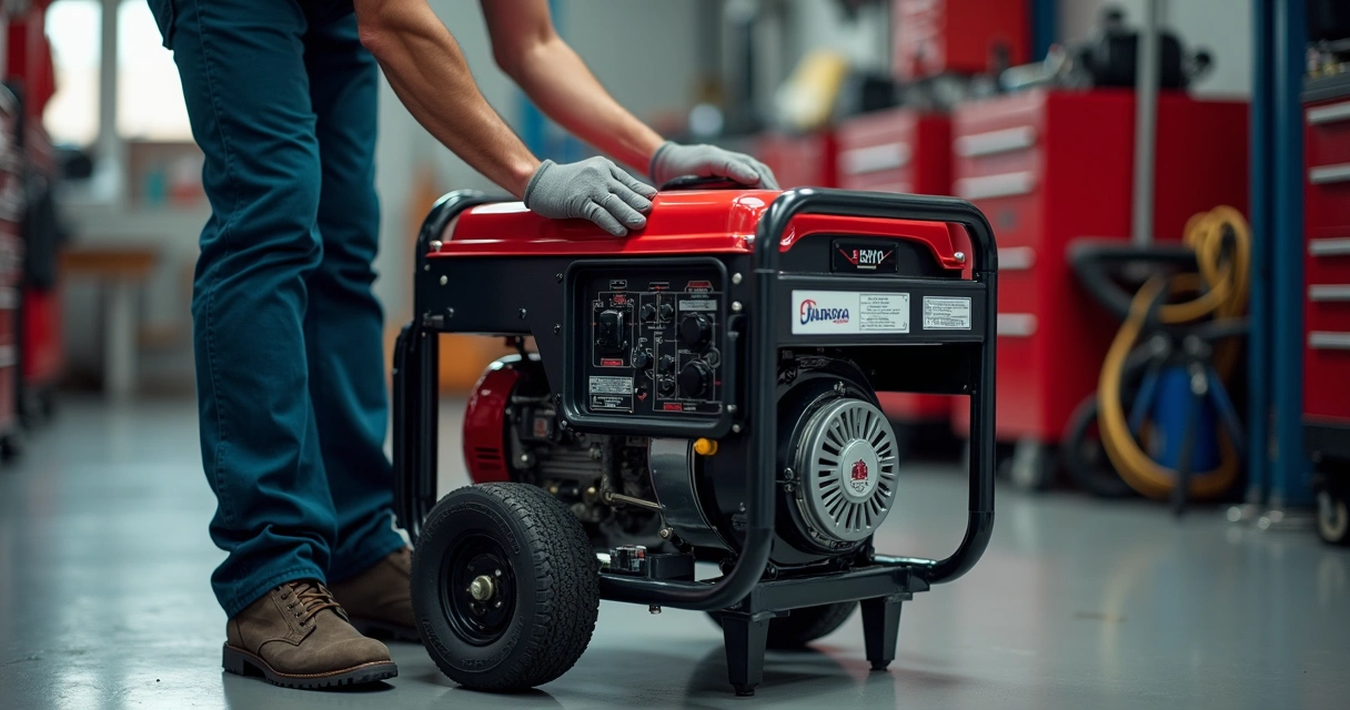 Técnico fazendo manutenção em gerador portátil