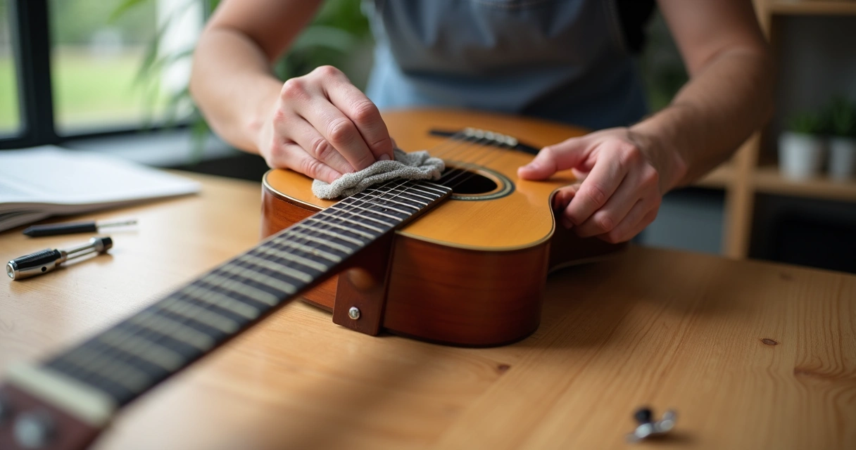 Pessoa fazendo manutenção básica em guitarra 