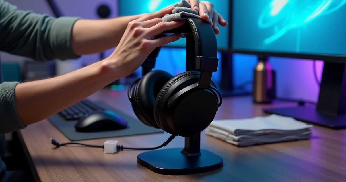 Pessoa limpando headset gamer com pano de microfibra em setup organizado 