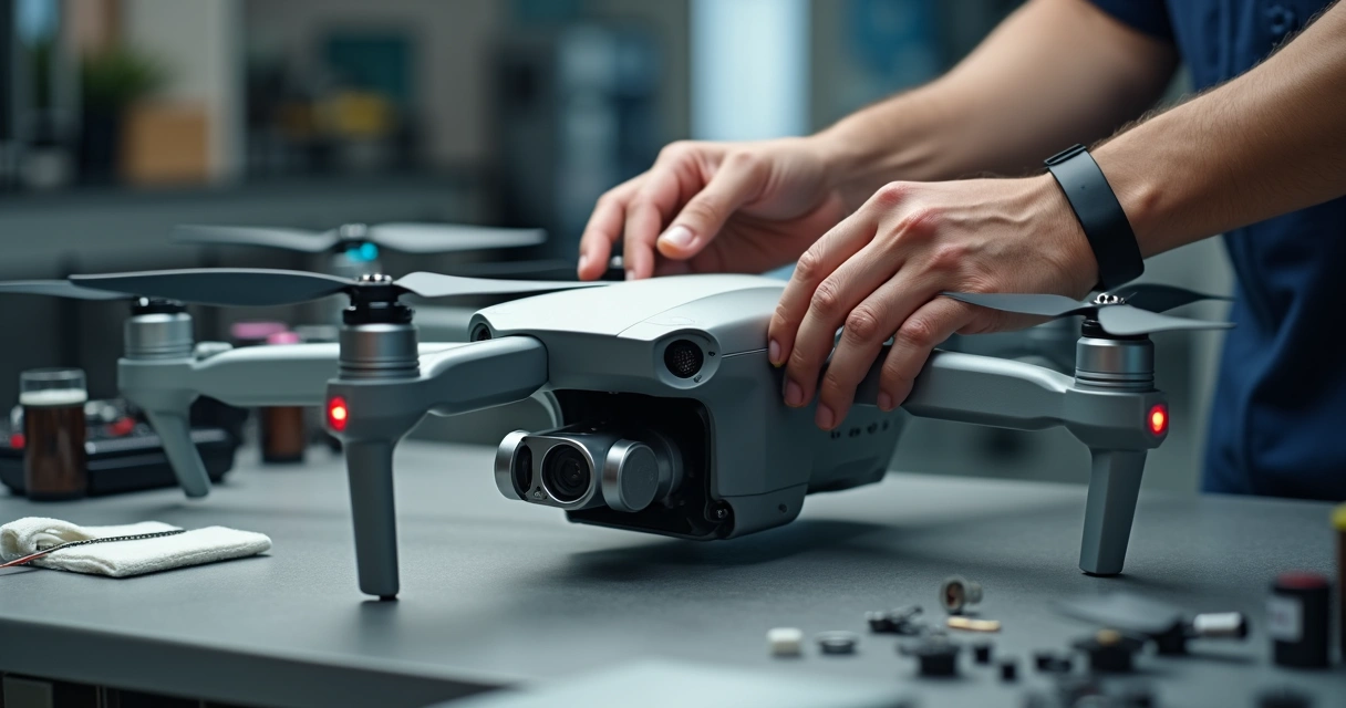 Técnico realiza manutenção nas hélices de um drone.