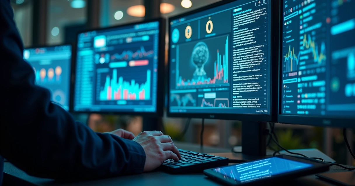 Pessoa monitorando tela com gráficos e notificações de IA 