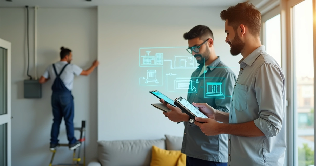 Proprietário e inquilino analisando checklist de manutenção em apartamento alugado 