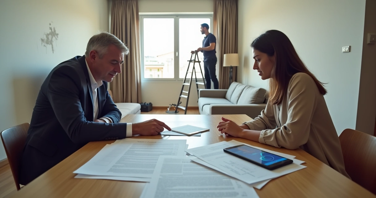 Proprietário e inquilino analisando manutenção em apartamento alugado 