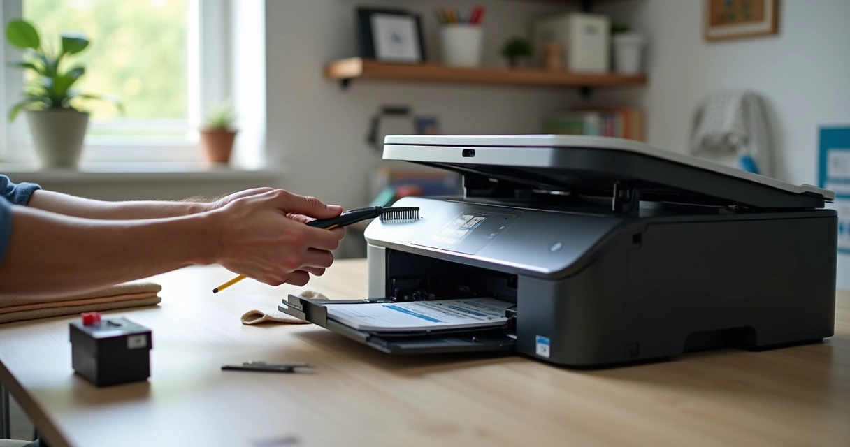 Pessoa realizando limpeza interna de impressora em ambiente iluminado 