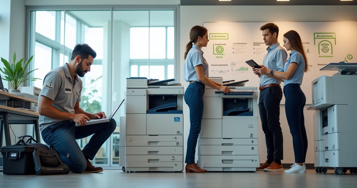Comparação entre técnico terceirizado e equipe interna cuidando de várias impressoras em escritório 