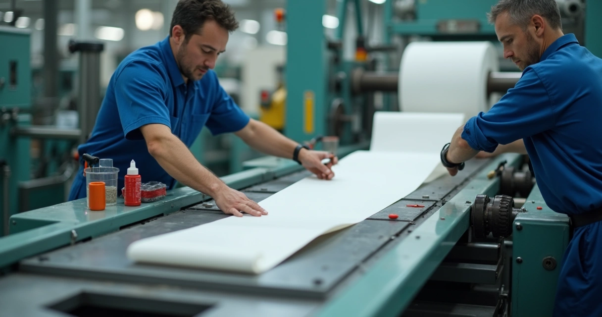 Técnicos realizando manutenção em máquinas de papelaria