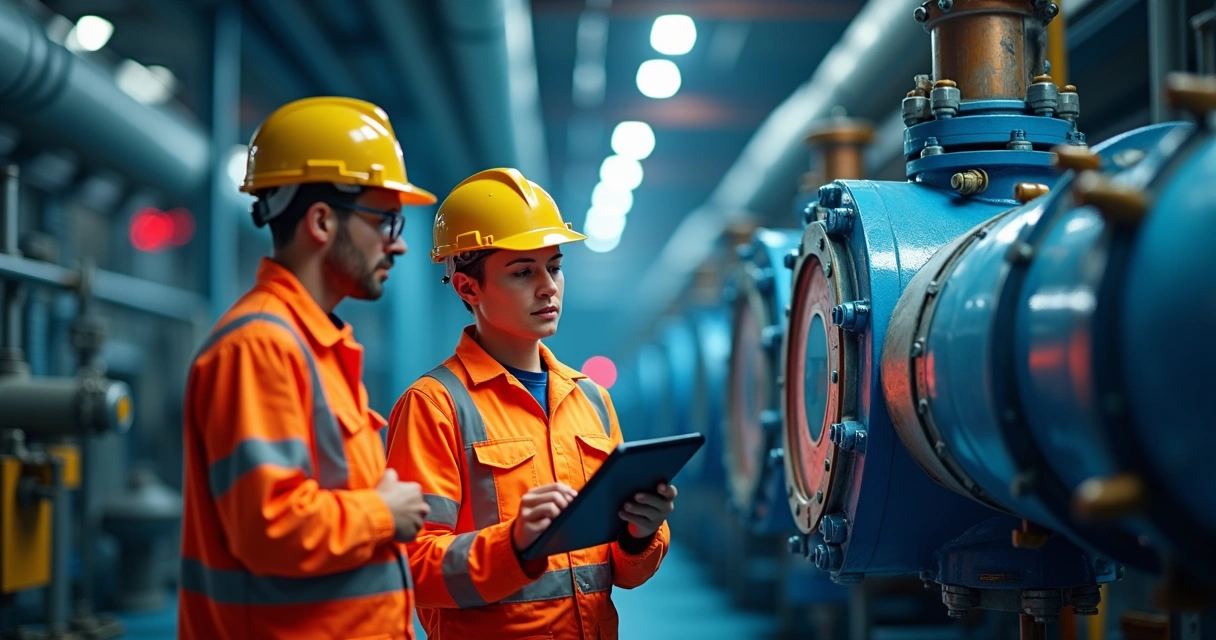 Equipe de manutenção ao lado de sensor industrial analisando dados em tablet 