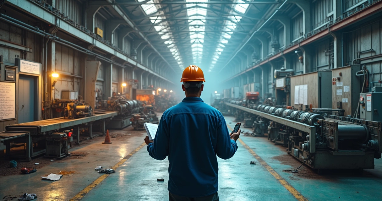 Operador observa linha de produção com áreas caóticas e organizadas lado a lado 