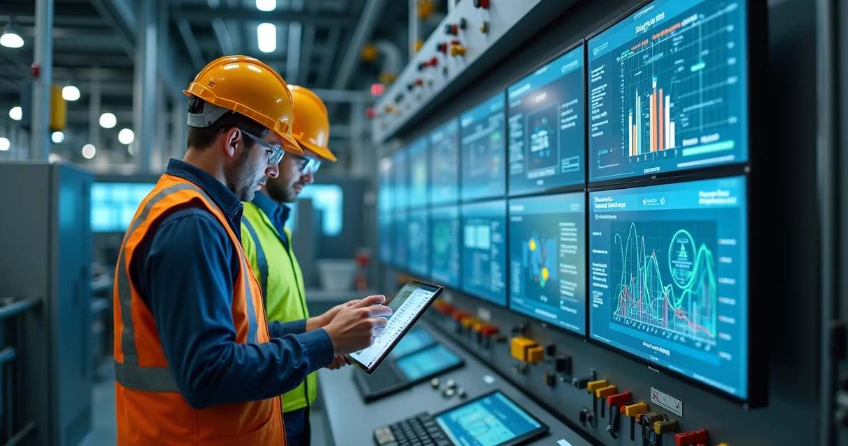 Engenheiros analisando painel industrial com gráficos de segurança funcional 