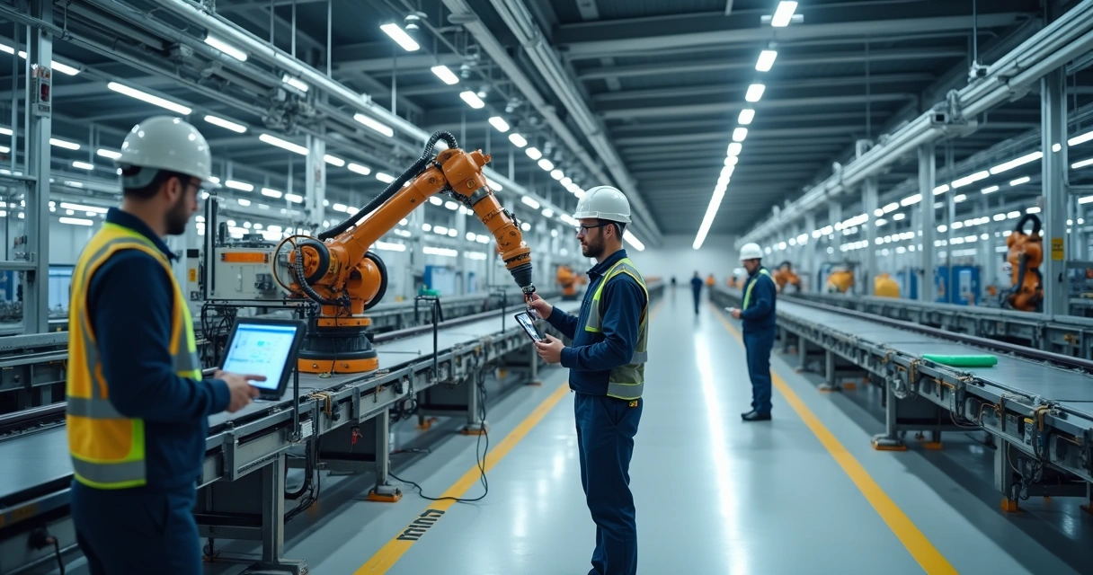 Técnicos realizando manutenção preventiva em linha de produção industrial automatizada 