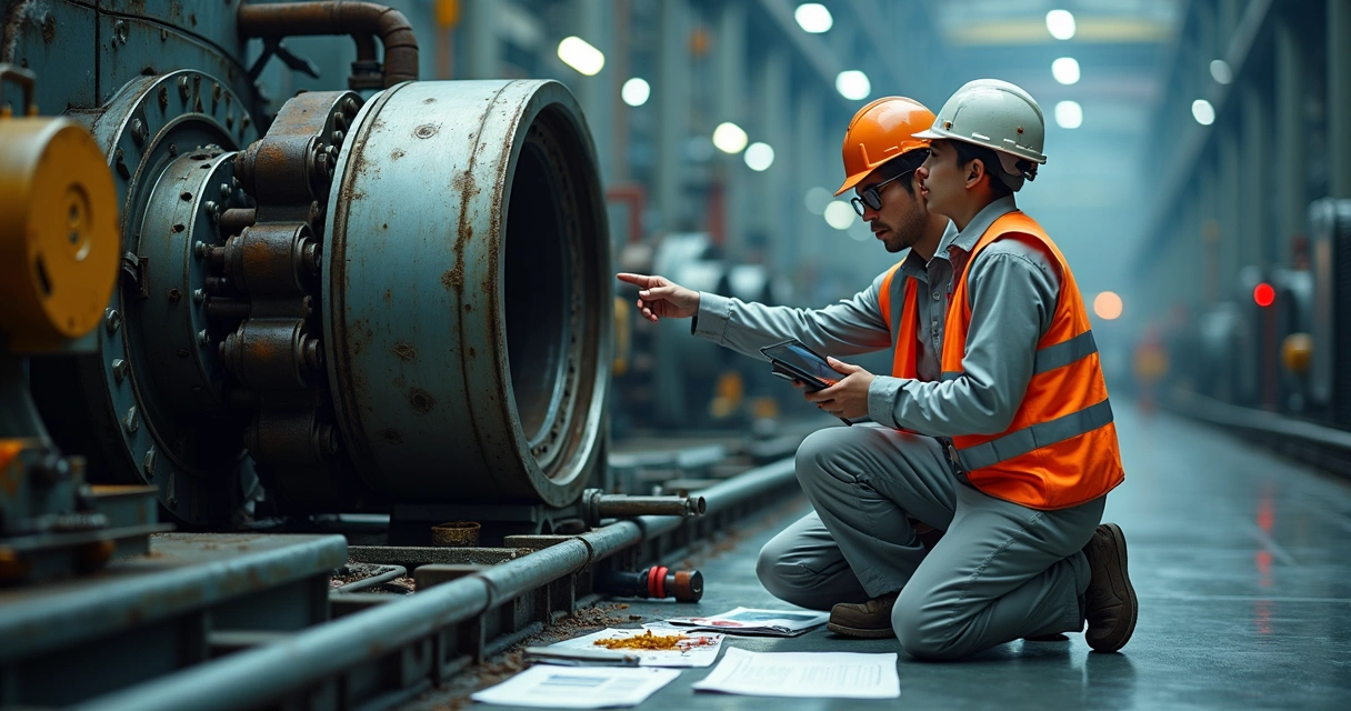 Técnicos analisando máquina industrial parada em fábrica moderna 