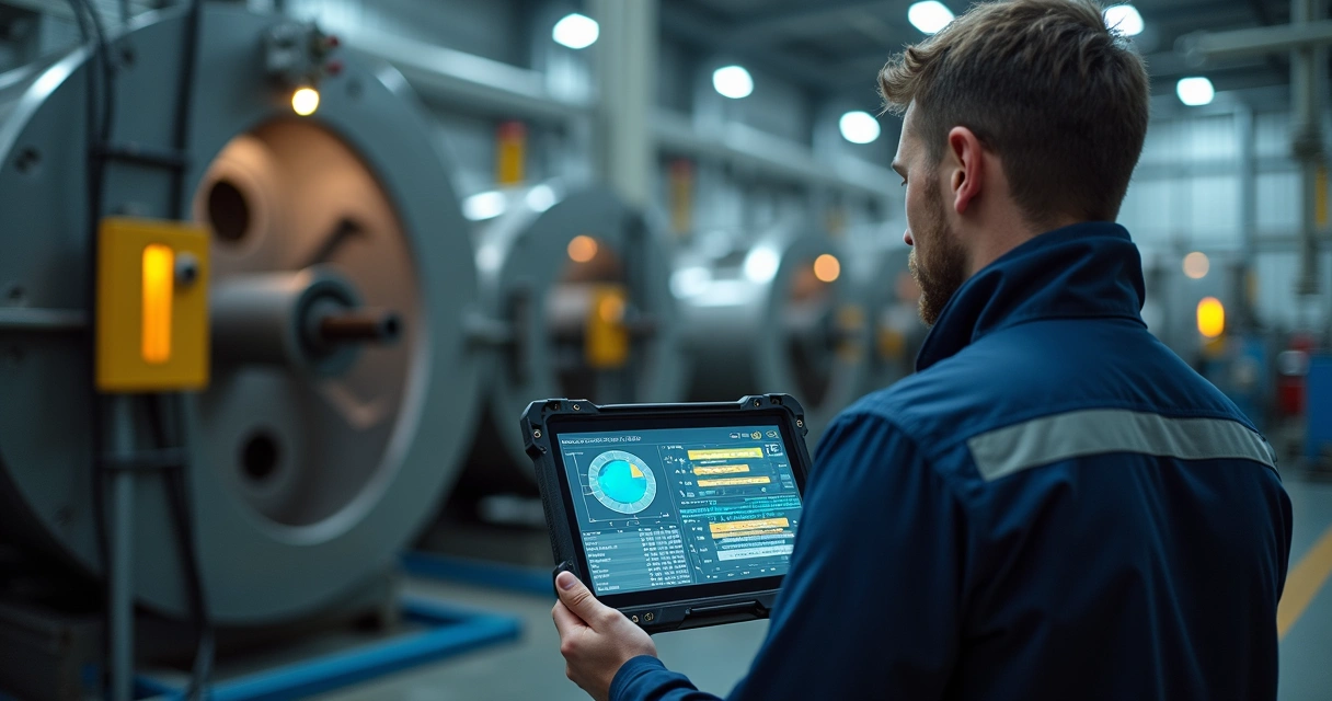 Técnico analisando dados de sensor em equipamento industrial 