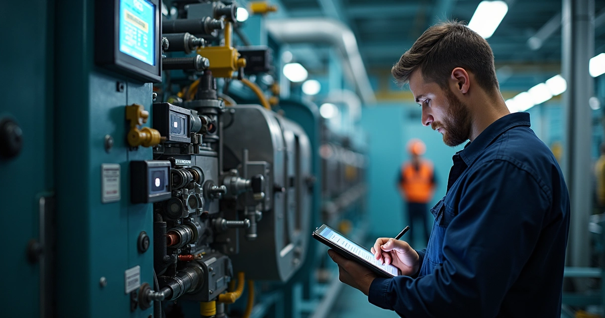 Manutenção preventiva em equipamento industrial com técnico e ferramentas 