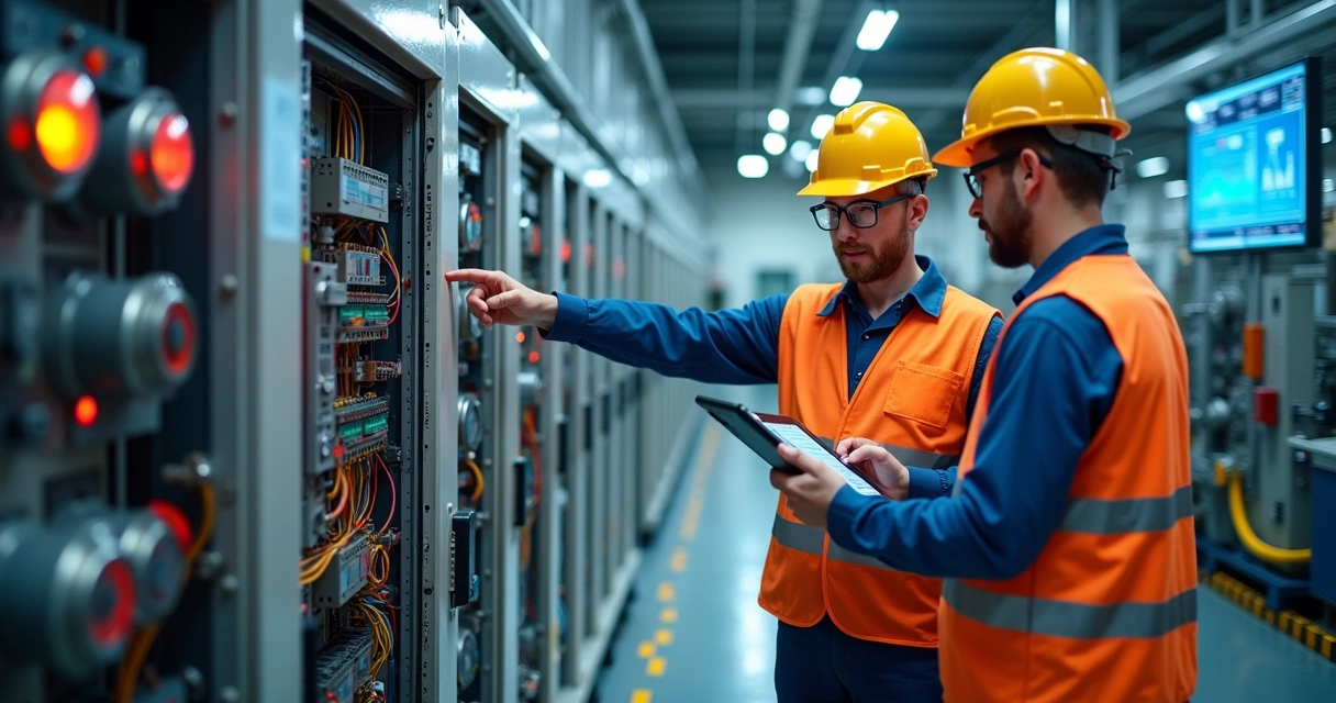 Técnicos de manutenção analisando painel industrial com tablet e gráficos de desempenho na fábrica 