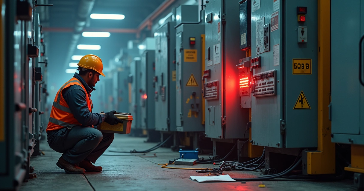 Técnico ajustando máquina industrial com sinais de perigo ao redor 