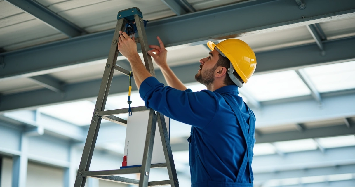 Técnico inspecionando viga metálica de cobertura 