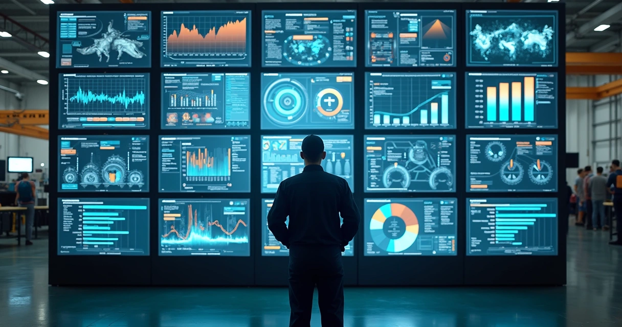 Técnico analisando dashboards de manutenção em tela digital, fundo ambiente industrial 