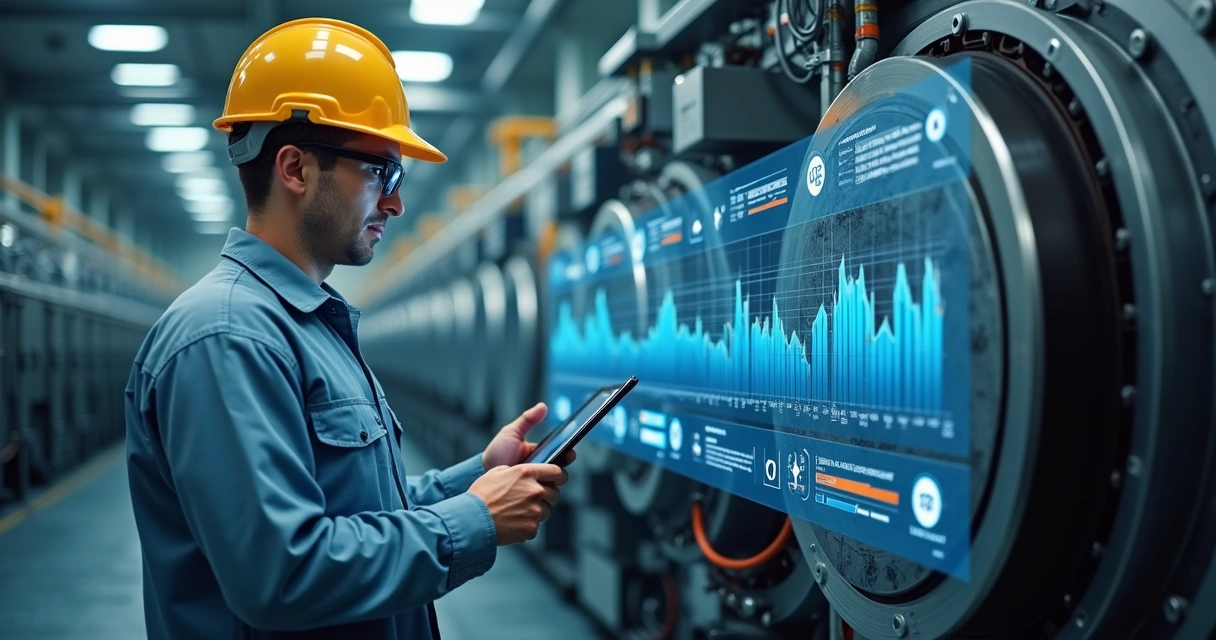 Técnico usa tablet para monitorar máquina com sensores industriais 